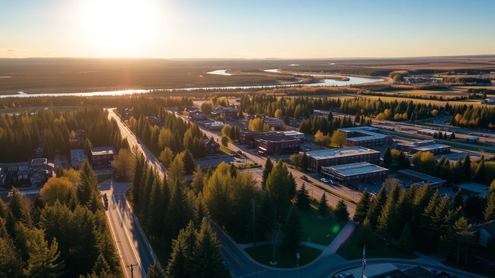 Aerial view of a local Alberta community at golden hour