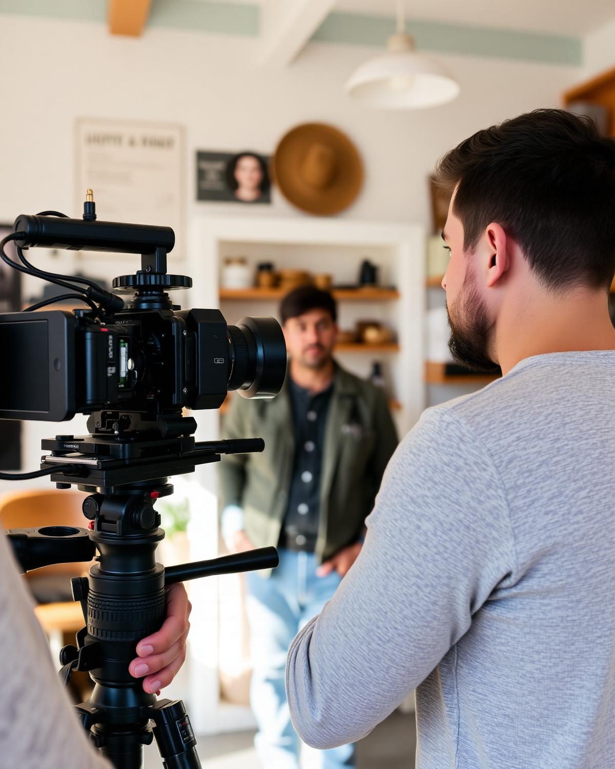 Videographer filming a local business owner